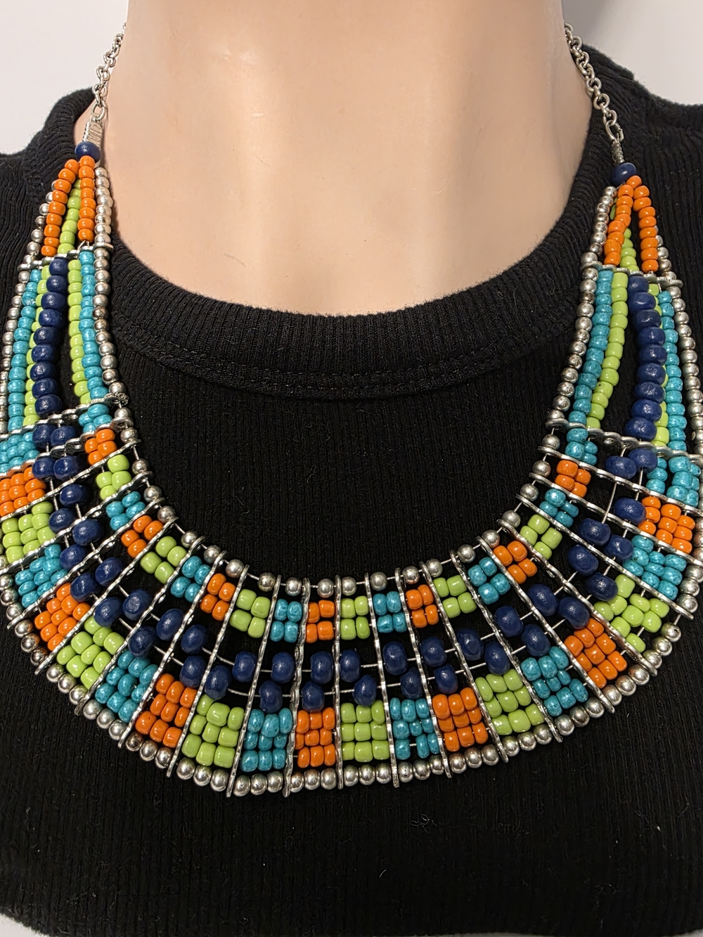 Colorful Beaded Statement Necklace Bib Tribal Boho  Multicolor